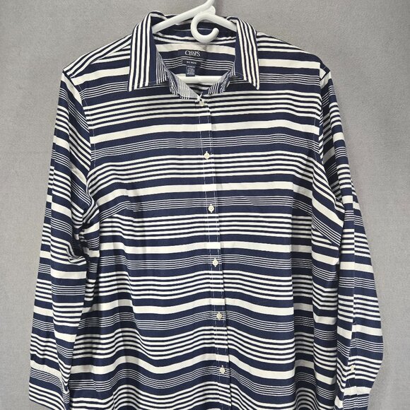 Chaps Womens Long Sleeve Button Up, Navy/White Stripe, 100% Cotton, No Iron, 2XL - Picture 1 of 10